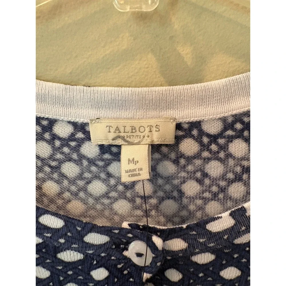 Talbots Petite Medium Navy Blue White Lattice Polka Dot Cotton Cardigan NWT